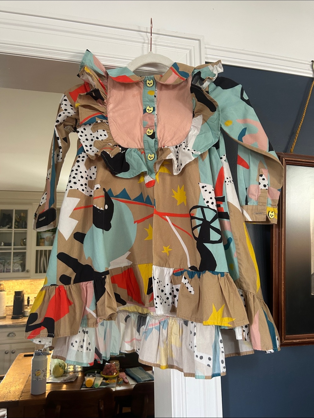 Raspberry Plum Colorful Abstract Ruffle Dress with Kitty Buttons